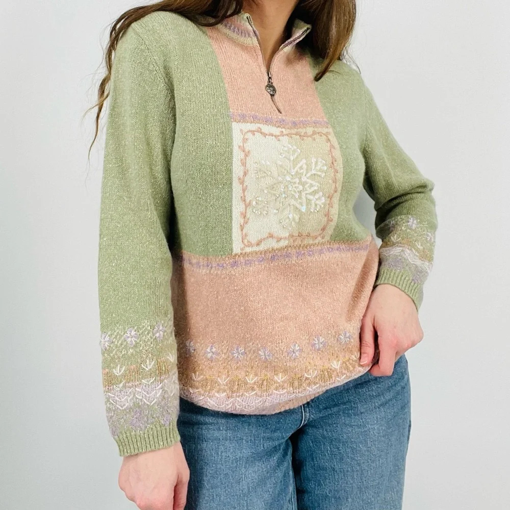 vintage pastel snowflake ramie angora rabbit blend quarter zip sweater top s - Picture 2 of 8